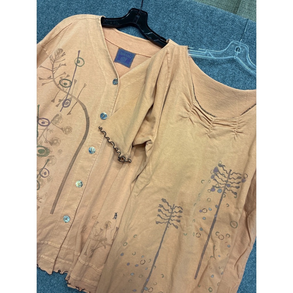 Barclay Organic Cotton Hand Printed Cardigan & Top Set Orange USA Made XL
